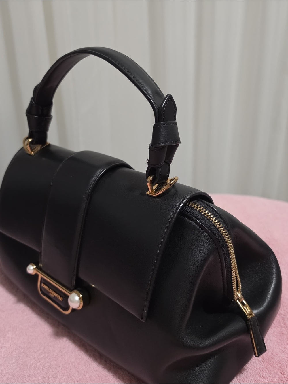 Karl Lagerfeld Black Leather Satchel with Pearl and Gold Accents - Picture 10 of 13